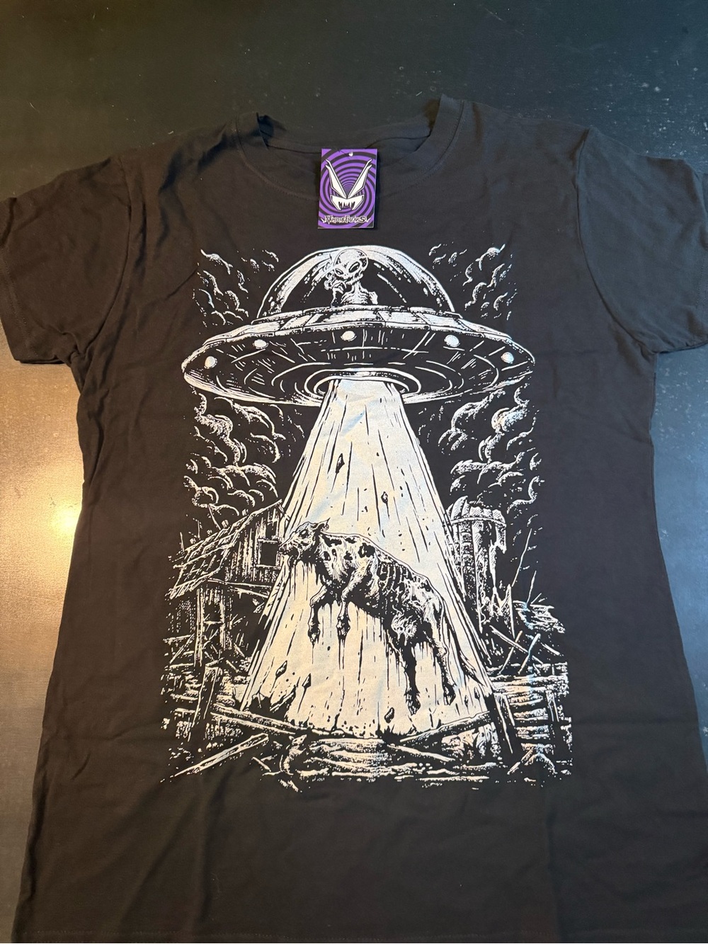 Tulle Black Short Sleeve Tee with White UFO Abduction Graphic